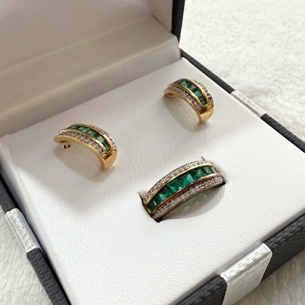 Lab Created Green Emerald Ring and Earrings Set 14K Gold Over Silver